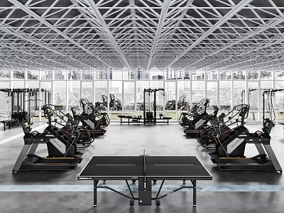 Modern Indoor Gym With Treadmills Ellipticals Ping Pong Table Glass Windows And Spacious Workout Area 3d model