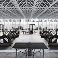 Modern Indoor Gym With Treadmills Ellipticals Ping Pong Table Glass Windows And Spacious Workout Area