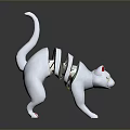 White Fragmented Cat Sculpture with Red Ear Tips Paws on Gray Background and Reflection 3d model
