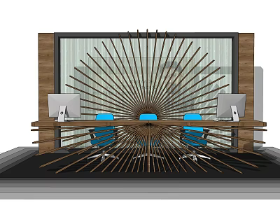 Modern Office Desk Setup With Two Monitors Blue Chairs And Radial Wooden Decoration 3d model