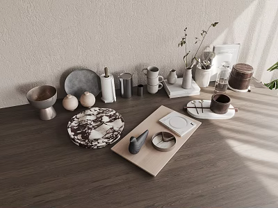 Modern Decorative Ornament Set On Wooden Table With Ceramic Metal Vase Tray And Bowls 3d model