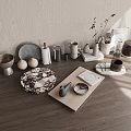 Modern Decorative Ornament Set On Wooden Table With Ceramic Metal Vase Tray And Bowls
