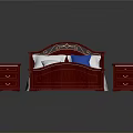 Classic Red Wooden Bed Frame With White Sheet Two Nightstands And Blue Pillow