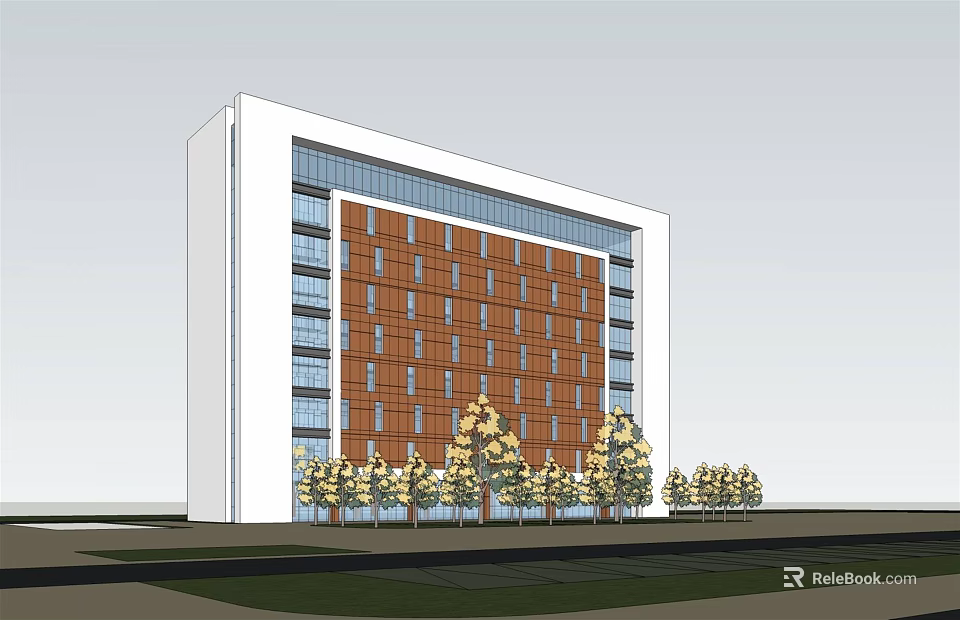 Modern Office Building With Brown Facade Large Glass Windows And Front Trees 3d model