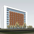 Modern Office Building With Brown Facade Large Glass Windows And Front Trees 3d model