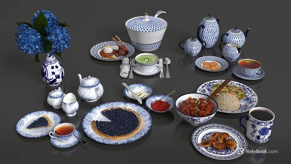Elegant Blue and White Patterned Dinnerware Set With Bowls Plates Teapots Cups And Food 3d model