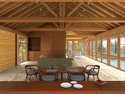 Wooden Clubhouse With Beam Ceiling Open Space Large Windows Forest View Dining Table And Chairs 3d model