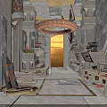 Ancient Library Interior With Scrolls Stone Shelves And Golden Light Through Doorway