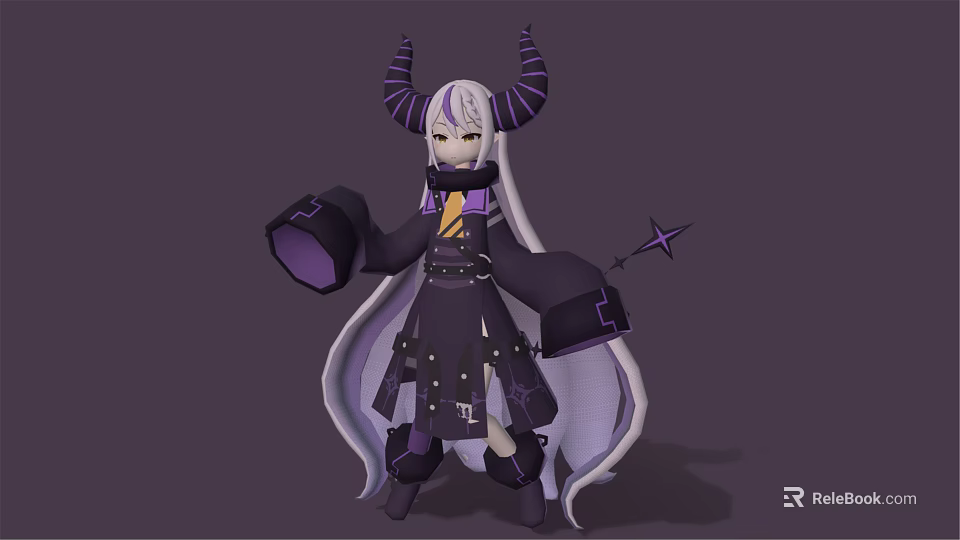 Horned Anime Fantasy Character With Long White Hair Black Outfit And Purple Star Accessory 3d model 