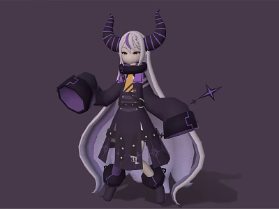 Horned Anime Fantasy Character With Long White Hair Black Outfit And Purple Star Accessory 3d model