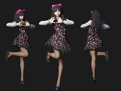 Women With Pink Bows Long Black Hair In Floral Dresses Different Poses Black Background 3d model