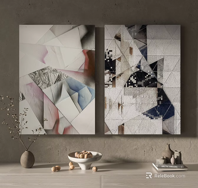 Abstract Geometric Collage Wall Art With Decorative Items In Modern Interior 3d model