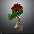 Green Cartoon Figure With Red Hair White Body And Fierce Expression On Dark Background