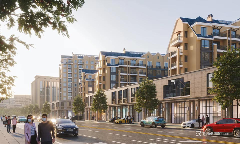 Vibrant Commercial Street With Multi Story Buildings Cars Pedestrians Trees And Sunlight 3d model 