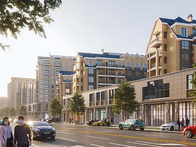 Vibrant Commercial Street With Multi Story Buildings Cars Pedestrians Trees And Sunlight 3d model