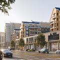 Vibrant Commercial Street With Multi Story Buildings Cars Pedestrians Trees And Sunlight