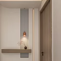 Minimalist Foyer Hallway Design With Wooden Shelf Decorative Ornaments And Warm Lighting