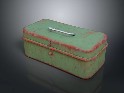 Vintage Green Metal Storage Box with Silver Handle and Rustic Red Trim 3d model