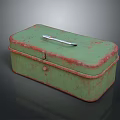 Vintage Green Metal Storage Box with Silver Handle and Rustic Red Trim