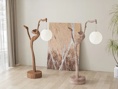 Artistic Wooden Floor Lamps With Round Lampshades In Modern Living Room 3d model