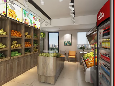 Supermarket Grocery Store Interior With Fresh Fruit Shelves Refrigerator And Counter 3d model