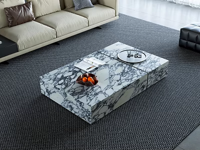 Marble Coffee Table on Gray Rug with Fruit Bowl Magazine and Tray in Living Room 3d model