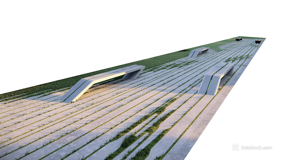 Modern Geometric Landscape Seats With Grass Strips And Paved Pathway Design 3d model 