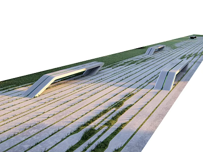 Modern Geometric Landscape Seats With Grass Strips And Paved Pathway Design 3d model
