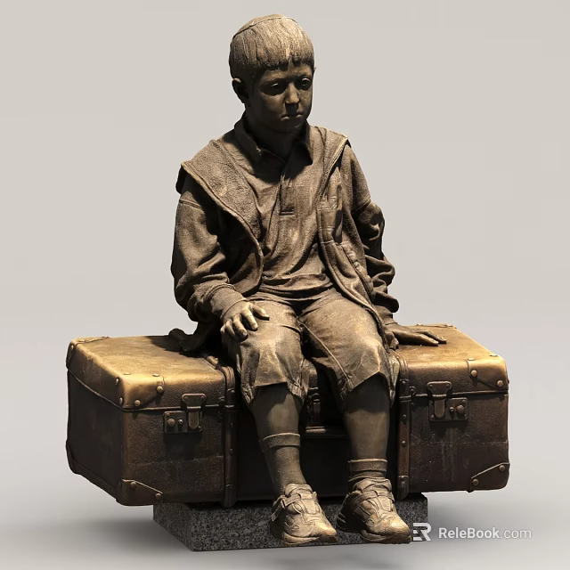 Landscape Sculpture Of Bronze Figure Sitting On Vintage Trunk With Coat And Shorts 3d model 