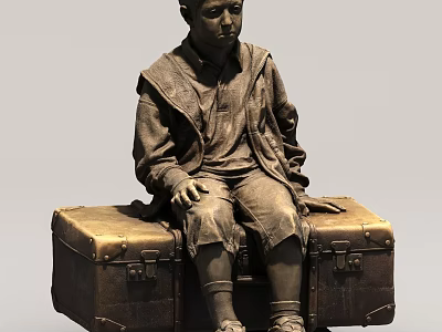Landscape Sculpture Of Bronze Figure Sitting On Vintage Trunk With Coat And Shorts 3d model
