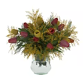 Transparent Glass Vase With Yellow Mimosa And Red Pink Tulip Flowers