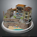 Scenic Mediterranean Buildings with Red Tile Roofs Palm Trees Beach and Stone Steps