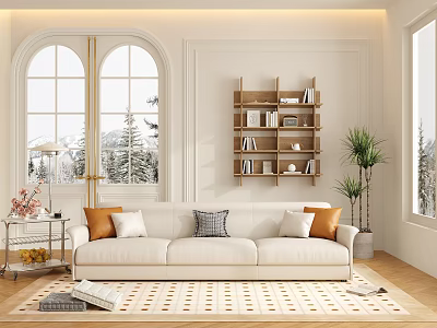 Bright Cozy Living Room Featuring White Three Seater Sofa Colorful Pillows Geometric Rug Wooden Bookshelf 3d model