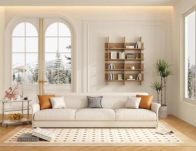 Bright Cozy Living Room Featuring White Three Seater Sofa Colorful Pillows Geometric Rug Wooden Bookshelf 3d model