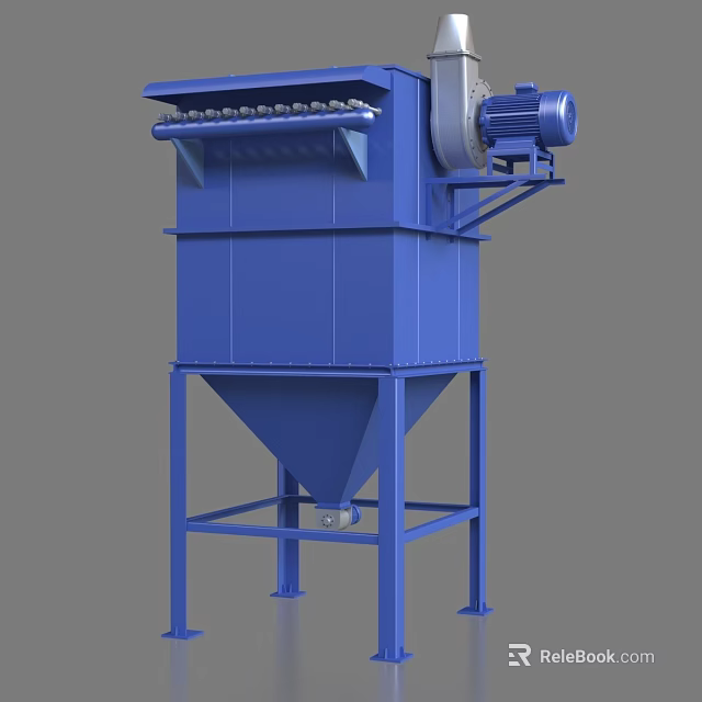 Blue Industrial Dust Collector Equipment With Motor And Conical Hopper Support Frame 3d model 