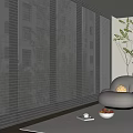 White Horizontal Blinds in Modern Living Room with Curved Sofa Green Plant and Fruit Bowl