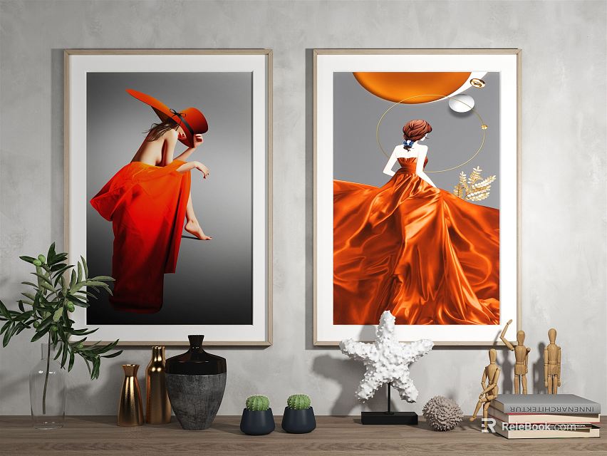 Two Portrait Paintings With Red Orange Dresses Moon Stars And Grey Background For Wall Decor 3d model 