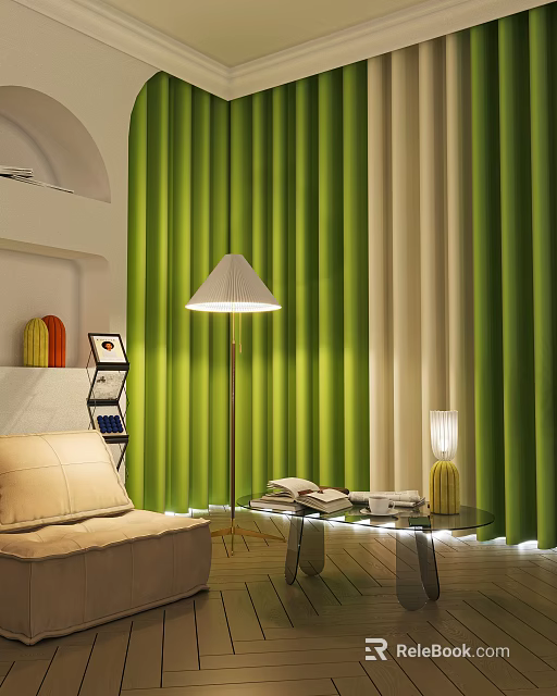 Green and Beige Vertical Striped Curtains in Modern Living Room with Sofa and Floor Lamp 3d model 