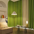 Green and Beige Vertical Striped Curtains in Modern Living Room with Sofa and Floor Lamp