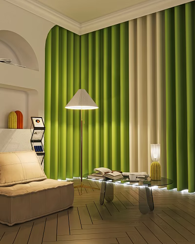 Green and Beige Vertical Striped Curtains in Modern Living Room with Sofa and Floor Lamp 3d model