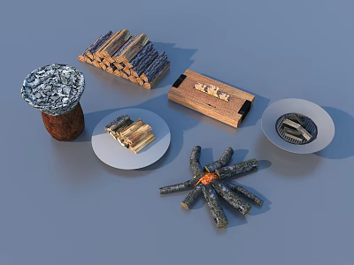 Household Living Supplies Including Stacked Firewood Round Plates Wooden Boxes And Wicker Baskets 3d model