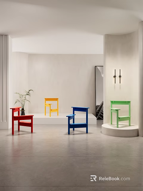 Colorful Single Chairs in Modern Minimalist Interior Displayed on White Pedestals 3d model 