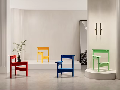 Colorful Single Chairs in Modern Minimalist Interior Displayed on White Pedestals 3d model