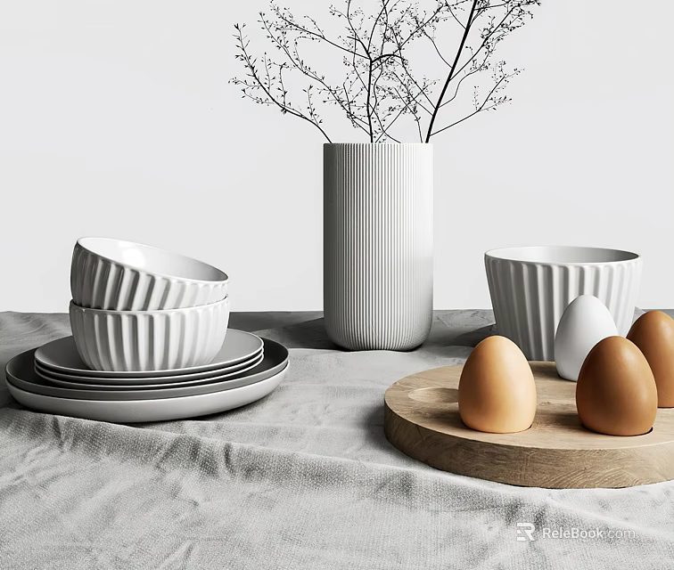 Ceramic Dinnerware Set with White Bowls Plates Wooden Tray and Eggs on Rustic Gray Tablecloth 3d model 