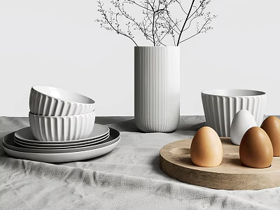 Ceramic Dinnerware Set with White Bowls Plates Wooden Tray and Eggs on Rustic Gray Tablecloth 3d model