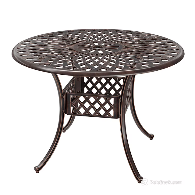 Round Metal Tea Table With Intricate Lattice Design And Lower Storage Shelf 3d model 