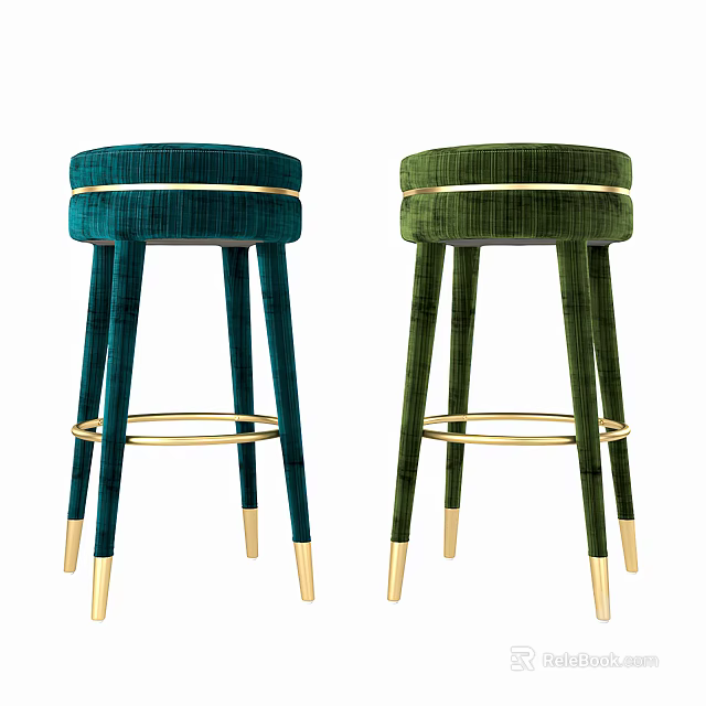 Modern Teal And Green Velvet Bar Stools With Gold Metal Frames And Legs 3d model 