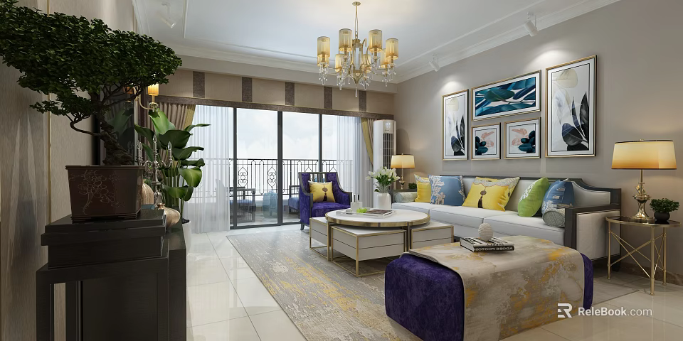 Elegant Modern Living Room Interior With Chandelier Sofa Pillows Rug And Decorative Paintings 3d model 