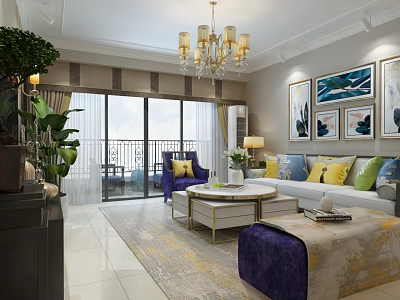 Elegant Modern Living Room Interior With Chandelier Sofa Pillows Rug And Decorative Paintings 3d model