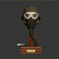 Military Tactical Helmet With Breathing Mask And Goggles On Wooden Display Base